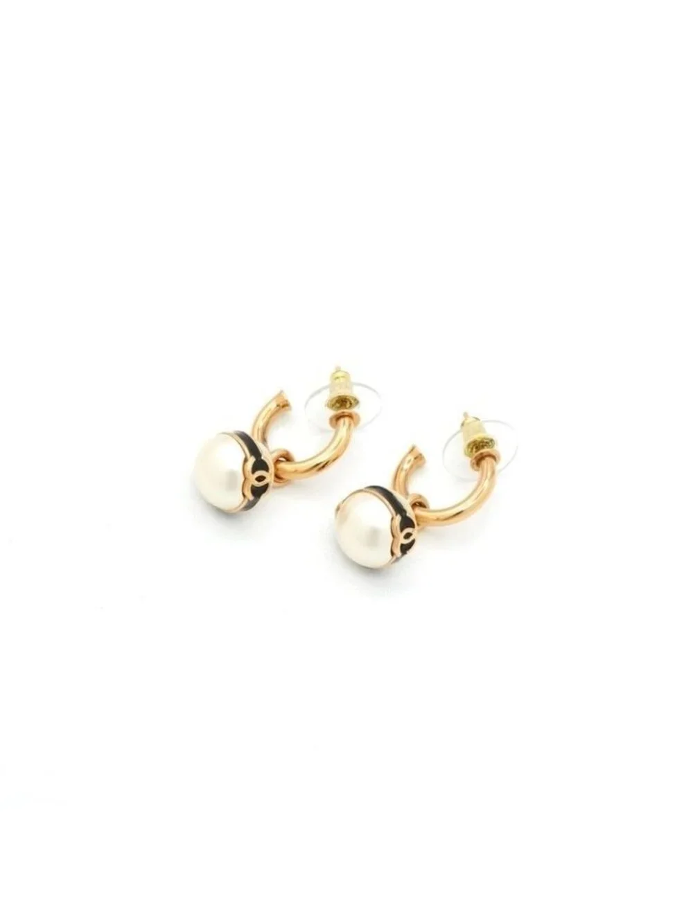 Chanel Earrings Gold Black CC Logo Hoop